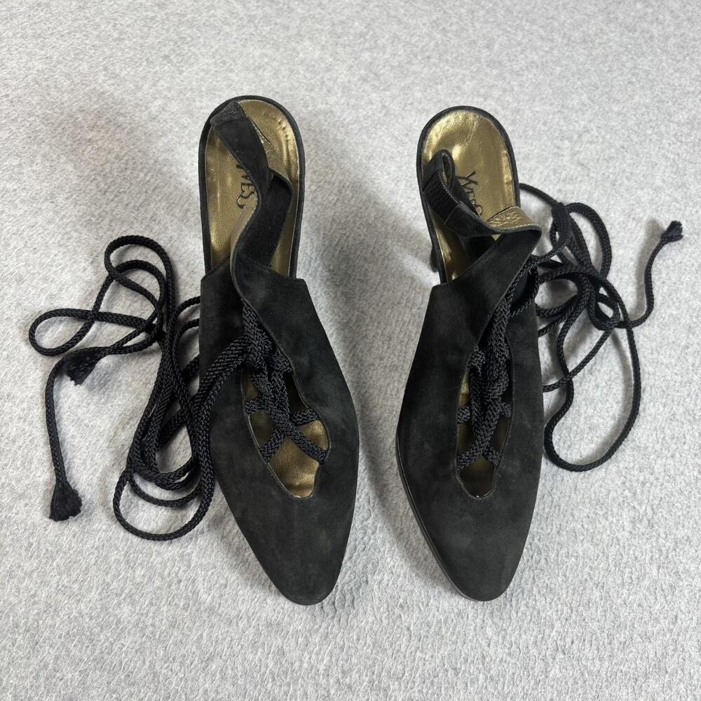 Vintage Yves Saint Laurent YSL Shoes Womens Size 8.5 Black Suede Lace Up Heels